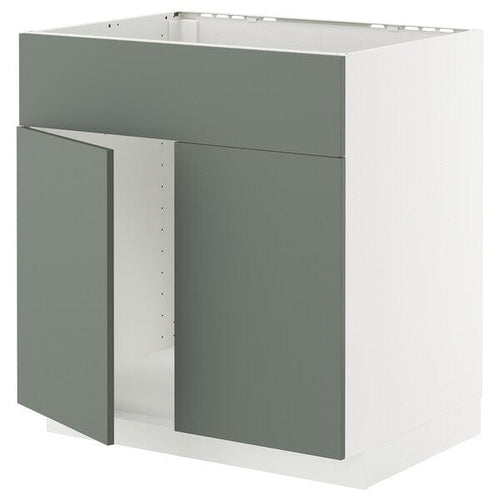 METOD base cabinet f sink w 2 doors/front, white/Nickebo matt grey-green, 80x60 cm