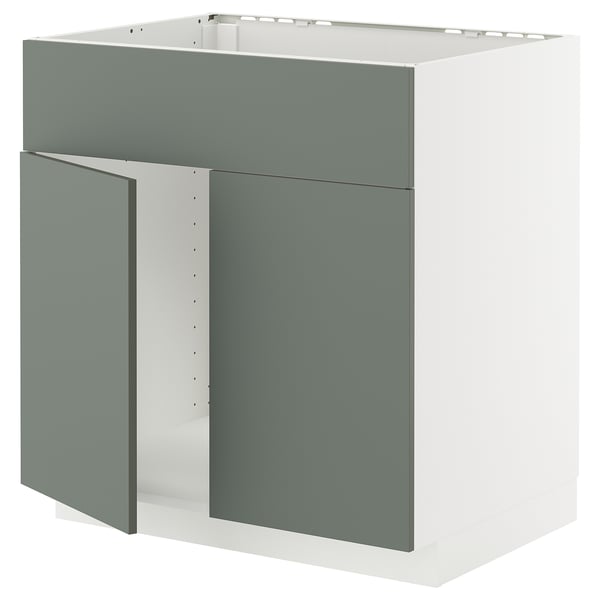 METOD - METOD Base cabinet f sink w 2 doors/front, white/Nickebo matt grey-green, 80x60 cm