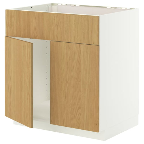 METOD base cabinet f sink w 2 doors/front, white/Sinarp oak veneer, 80x60 cm