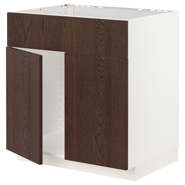 METOD base cabinet f sink w 2 doors/front, white/Sinarp brown, 80x60 cm
