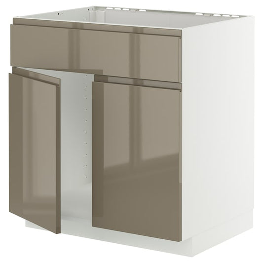 METOD - Base cabinet f sink w 2 doors/front, white/Voxtorp high-gloss dark grey-brown, 80x60 cm