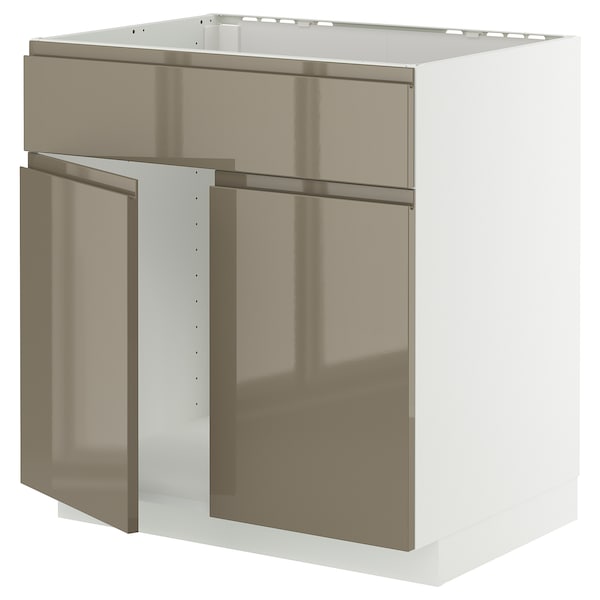 METOD - METOD Base cabinet f sink w 2 doors/front, white/Voxtorp high-gloss dark grey-brown, 80x60 cm