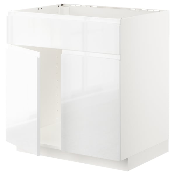 METOD - METOD Base cabinet f sink w 2 doors/front, white/Voxtorp high-gloss/white, 80x60 cm