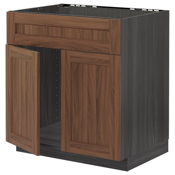 METOD base cabinet f sink w 2 doors/front, black Enköping/brown walnut effect, 80x60 cm