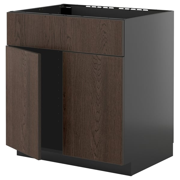 METOD base cabinet f sink w 2 doors/front, black-grey/Sinarp brown, 80x60 cm