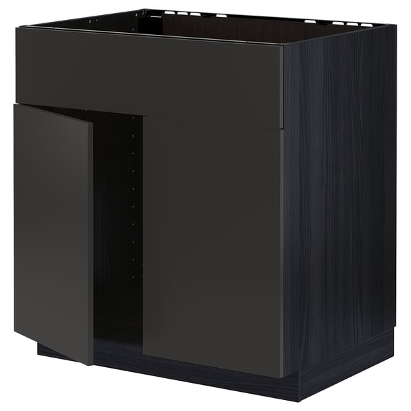 METOD base cabinet f sink w 2 doors/front, black/Nickebo matt anthracite, 80x60 cm