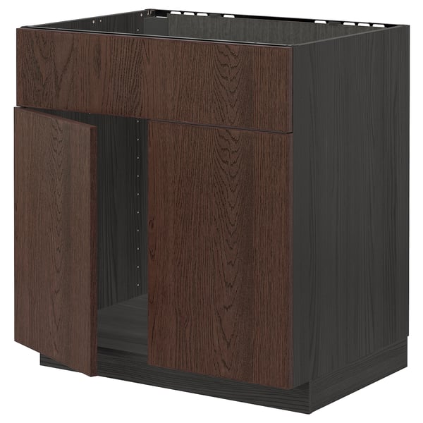 METOD base cabinet f sink w 2 doors/front, black/Sinarp brown, 80x60 cm