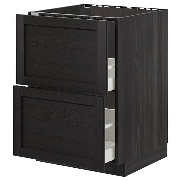 METOD base cab f sink+2 fronts/2 drawers, black/Lerhyttan black stained, 60x60 cm