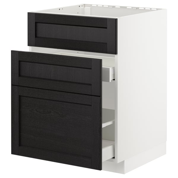METOD base cab f sink+3 fronts/2 drawers, white/Lerhyttan black stained, 60x60 cm