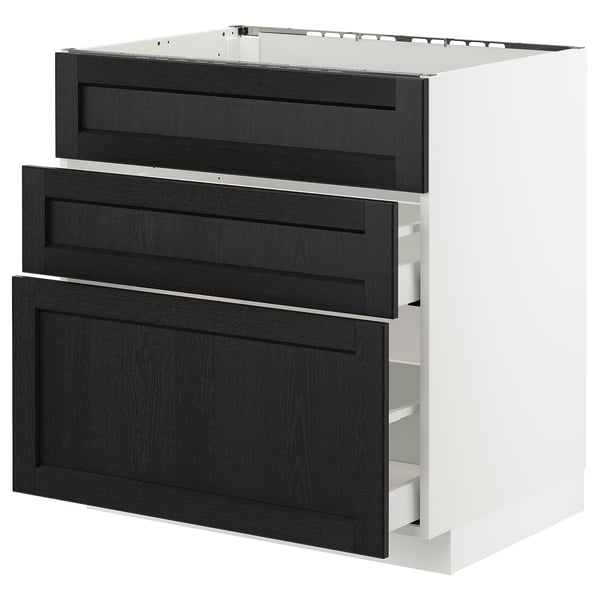 METOD base cab f sink+3 fronts/2 drawers, white/Lerhyttan black stained, 80x60 cm