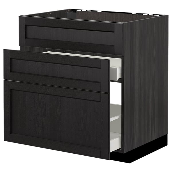 METOD base cab f sink+3 fronts/2 drawers, black/Lerhyttan black stained, 80x60 cm