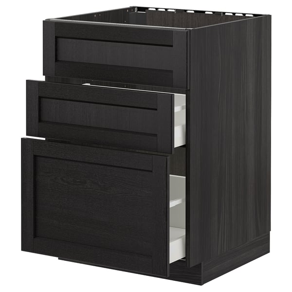 METOD base cab f sink+3 fronts/2 drawers, black/Lerhyttan black stained, 60x60 cm