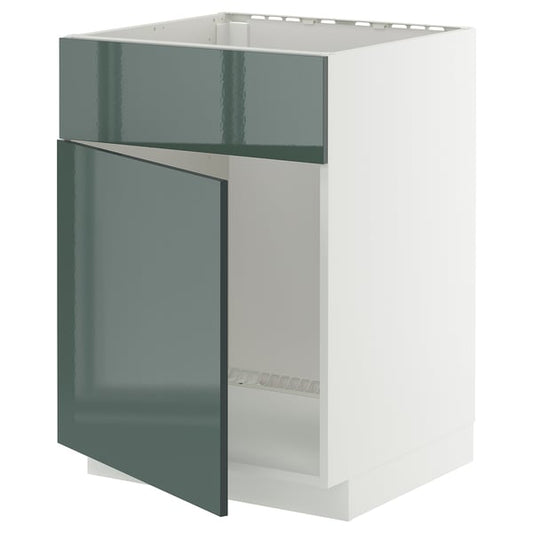 METOD - METOD Base cabinet f sink w door/front, white/Kallarp high-gloss dark grey-green, 60x60 cm