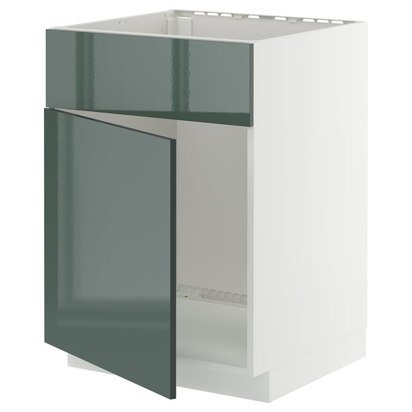 METOD base cabinet f sink w door/front, white/Kallarp high-gloss dark grey-green, 60x60 cm