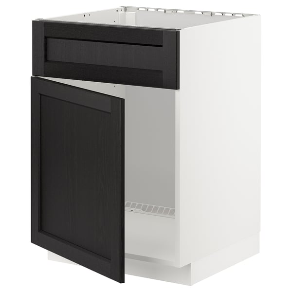 METOD base cabinet f sink w door/front, white/Lerhyttan black stained, 60x60 cm