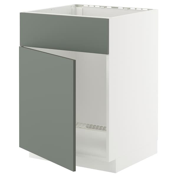 METOD - Base cabinet f sink w door/front, white/Nickebo matt grey-green, 60x60 cm
