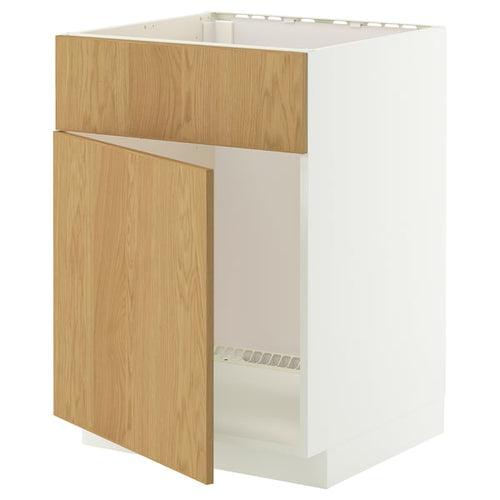 METOD base cabinet f sink w door/front, white/Sinarp oak veneer, 60x60 cm