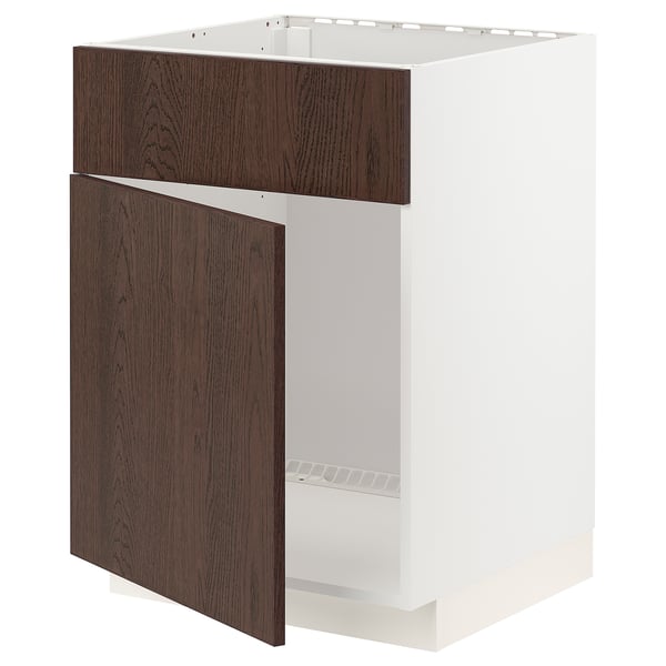METOD base cabinet f sink w door/front, white/Sinarp brown, 60x60 cm