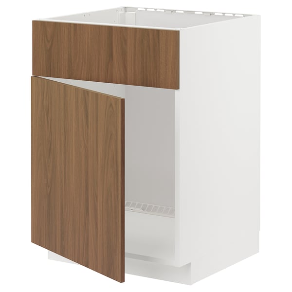 METOD base cabinet f sink w door/front, white/Tistorp brown walnut effect, 60x60 cm