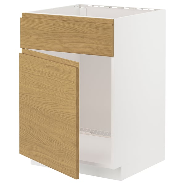 METOD base cabinet f sink w door/front, white/Voxtorp oak effect, 60x60 cm