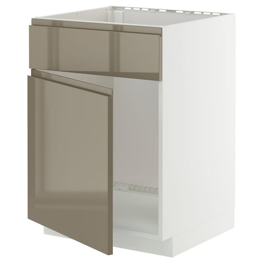 METOD - Base cabinet f sink w door/front, white/Voxtorp high-gloss dark grey-brown, 60x60 cm