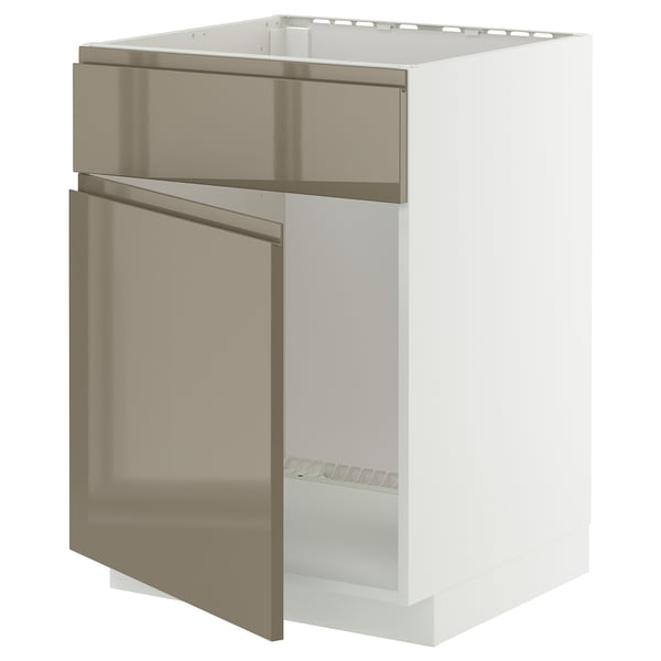 METOD base cabinet f sink w door/front, white/Voxtorp high-gloss dark grey-brown, 60x60 cm
