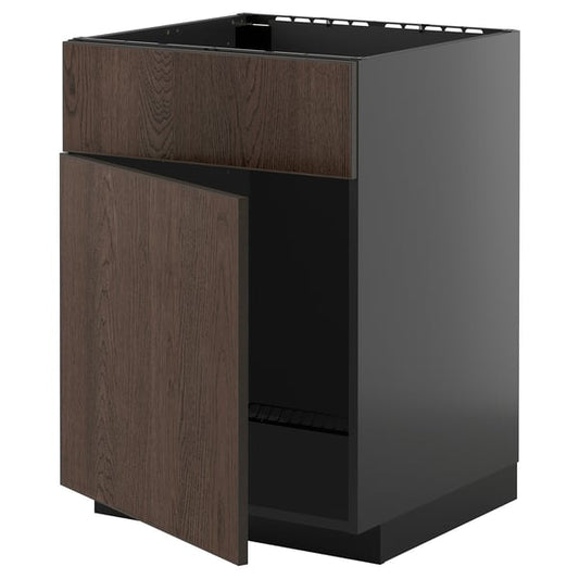 METOD - METOD Base cabinet f sink w door/front, black-grey/Sinarp brown, 60x60 cm