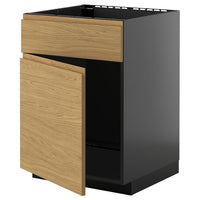 METOD base cabinet f sink w door/front, black-grey/Voxtorp oak effect, 60x60 cm
