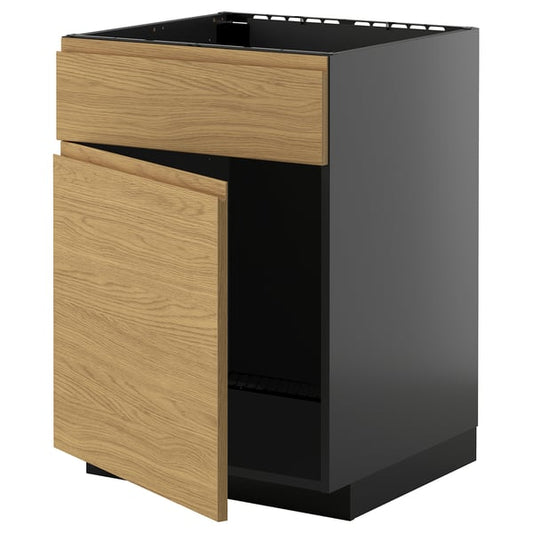 METOD - METOD Base cabinet f sink w door/front, black-grey/Voxtorp oak effect, 60x60 cm