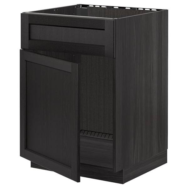 METOD base cabinet f sink w door/front, black/Lerhyttan black stained, 60.0x80.0x60.0 cm