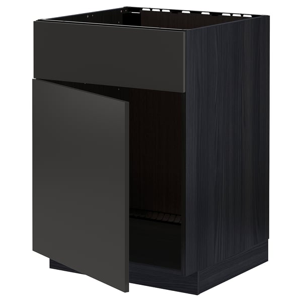 METOD base cabinet f sink w door/front, black/Nickebo matt anthracite, 60.0x80.0x60.0 cm