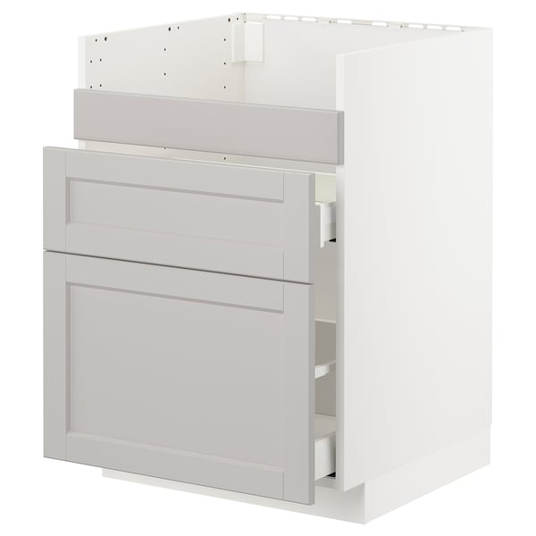 METOD base cb f HAVSEN snk/3 frnts/2 drws, white Maximera/Lerhyttan light grey, 60x60 cm