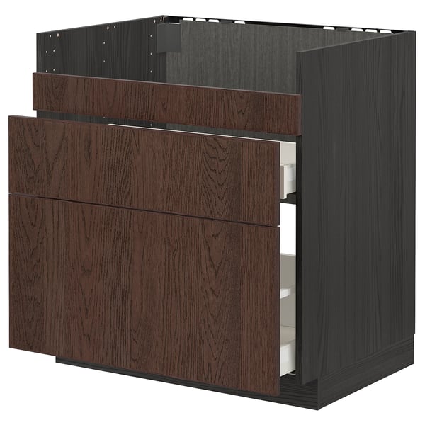 METOD base cb f HAVSEN snk/3 frnts/2 drws, black/Sinarp brown, 80x60 cm