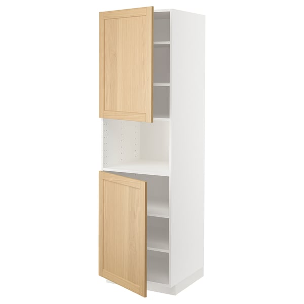 METOD high cab f micro w 2 doors/shelves, white/Forsbacka oak, 60x60x200 cm