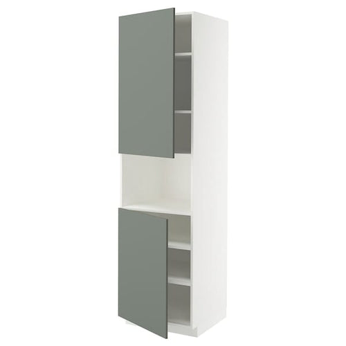 METOD high cab f micro w 2 doors/shelves, white/Nickebo matt grey-green, 60x60x220 cm