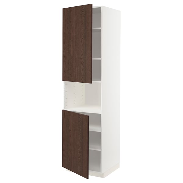 METOD high cab f micro w 2 doors/shelves, white/Sinarp brown, 60x60x220 cm