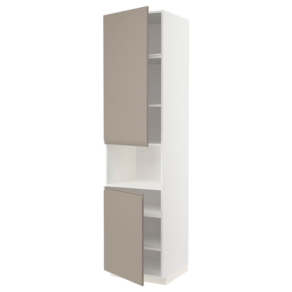 METOD - High cab f micro w 2 doors/shelves, white/Upplöv matt dark beige , 60x60x240 cm