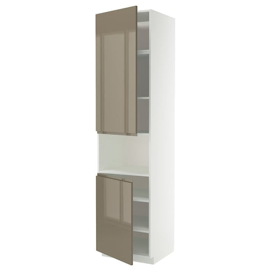 METOD - High cab f micro w 2 doors/shelves, white/Voxtorp high-gloss dark grey-brown, 60x60x240 cm