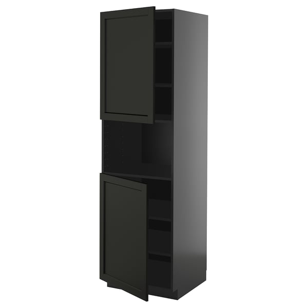 METOD high cab f micro w 2 doors/shelves, black-grey/Lerhyttan black stained, 60x60x200 cm