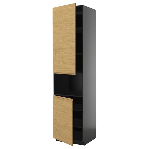 METOD - METOD High cab f micro w 2 doors/shelves, black-grey/Voxtorp oak effect, 60x60x240 cm