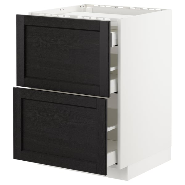 METOD base cab f hob/2 fronts/3 drawers, white/Lerhyttan black stained, 60x60 cm