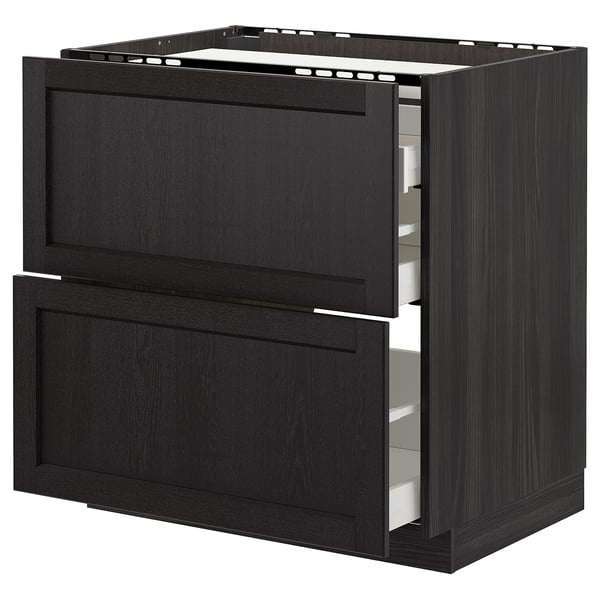 METOD base cab f hob/2 fronts/3 drawers, black/Lerhyttan black stained, 80x60 cm