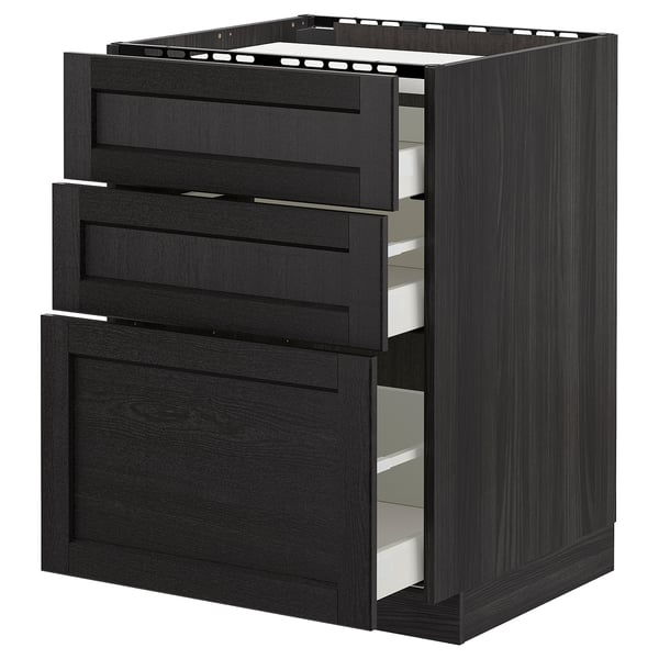 METOD base cab f hob/3 fronts/3 drawers, black/Lerhyttan black stained, 60x60 cm