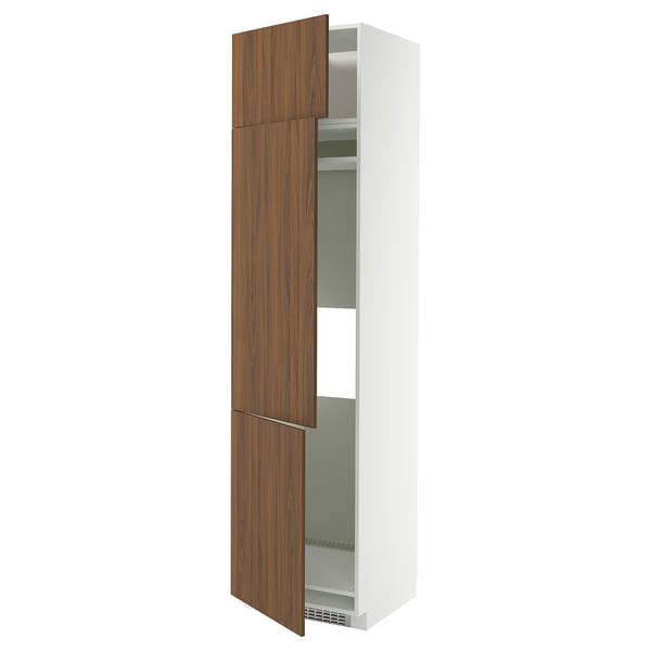 METOD high cab f fridge/freezer w 3 doors, white/Tistorp brown walnut effect, 60x60x240 cm
