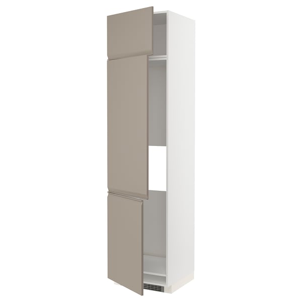 METOD high cab f fridge/freezer w 3 doors, white/Upplöv matt dark beige, 60x60x240 cm