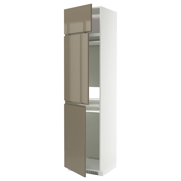 METOD high cab f fridge/freezer w 3 doors, white/Voxtorp high-gloss dark grey-brown, 60x60x240 cm