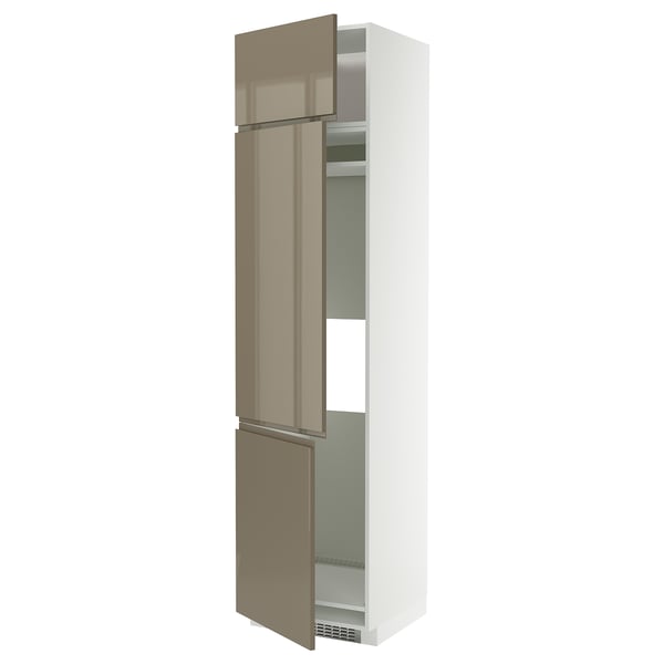 METOD high cab f fridge/freezer w 3 doors, white/Voxtorp high-gloss dark grey-brown, 60x60x240 cm