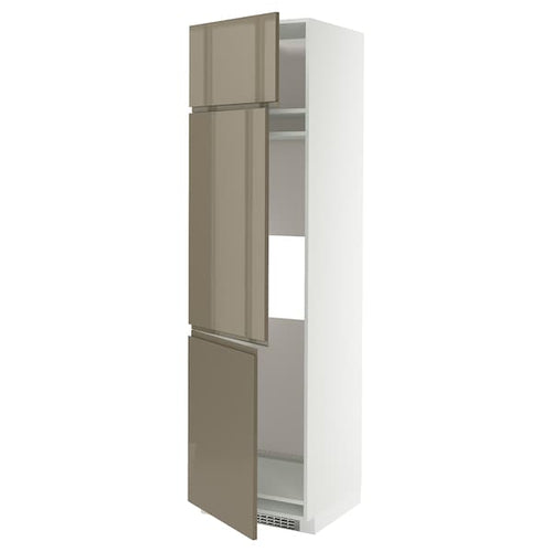 METOD high cab f fridge/freezer w 3 doors, white/Voxtorp high-gloss dark grey-brown, 60x60x220 cm