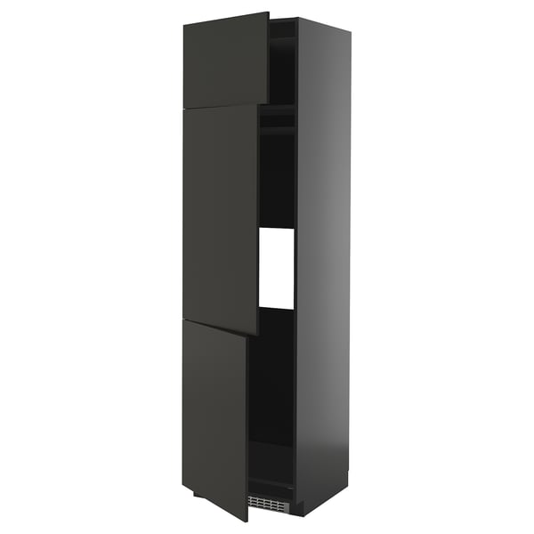 METOD high cab f fridge/freezer w 3 doors, black-grey/Nickebo matt anthracite, 60x60x220 cm