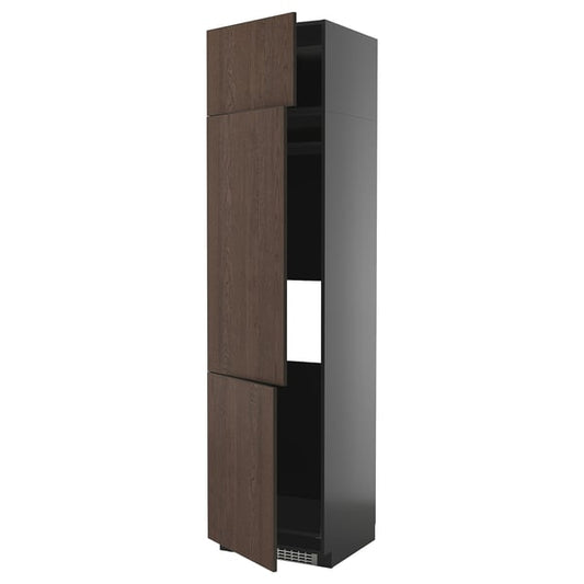 METOD - METOD High cab f fridge/freezer w 3 doors, black-grey/Sinarp brown, 60x60x240 cm